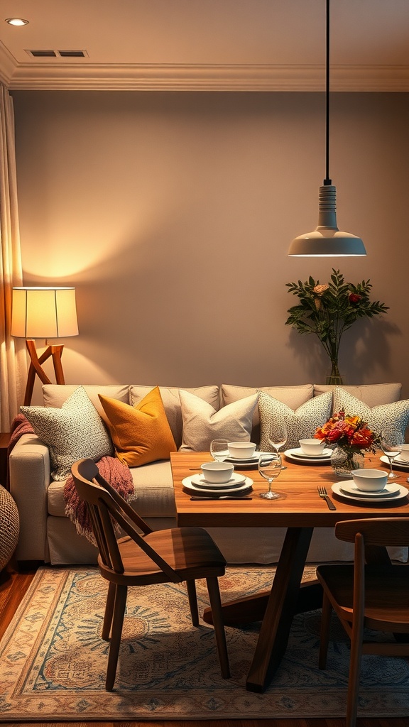 Cozy living room-dining room combo with a sofa, dining table, and warm lighting