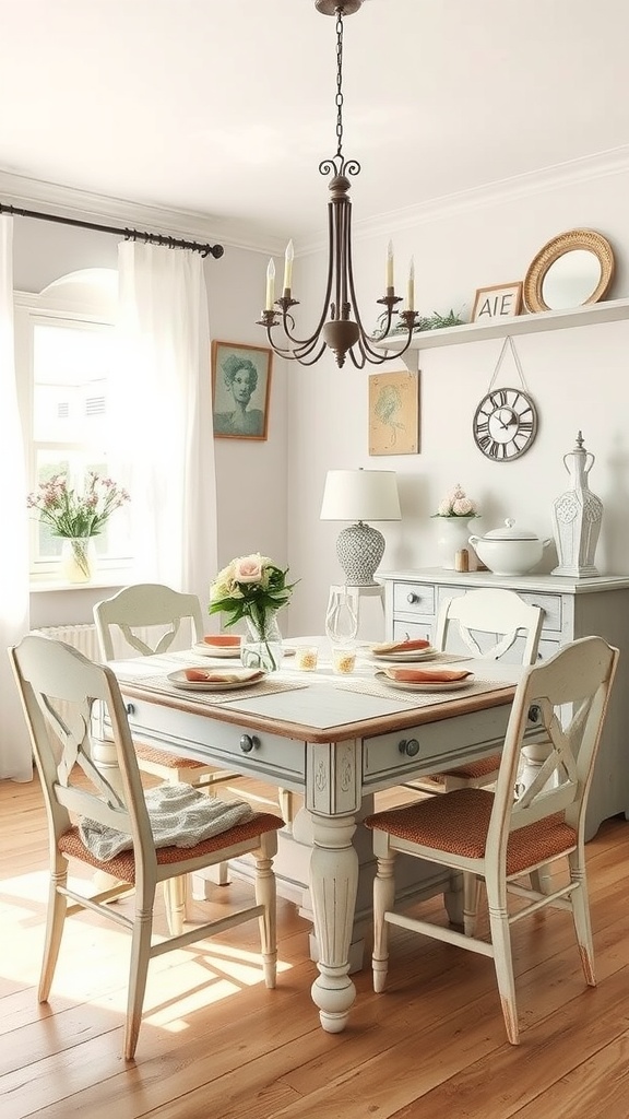 A cozy dining room featuring a distressed blue table and chairs, illuminated by a chandelier, with a floral centerpiece.