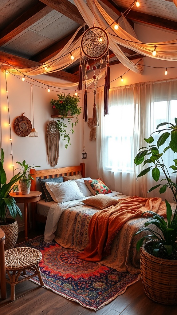 Cozy bedroom decorated with fairy lights, plants, and bohemian style bedding.