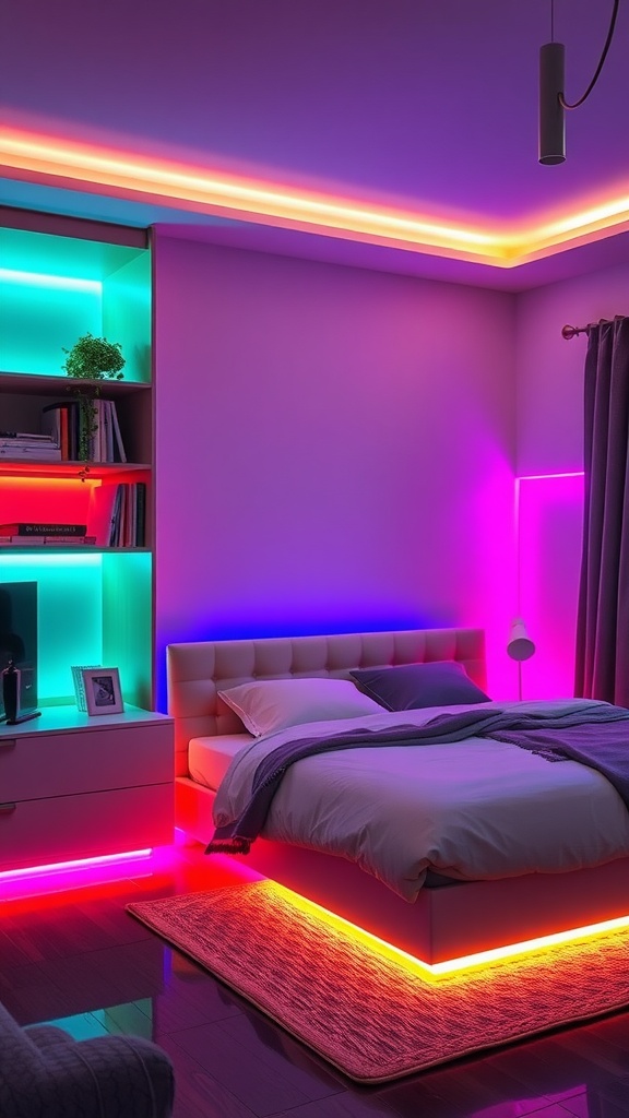 A modern bedroom with colorful LED strips illuminating the bed and shelves.