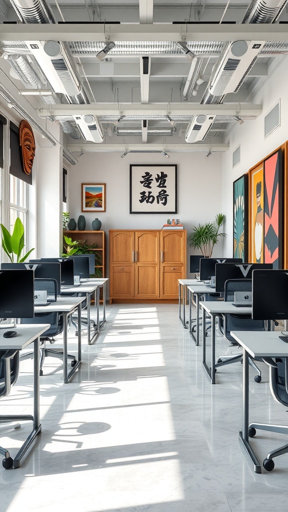 A modern office space with natural light, artwork, and organized furniture.