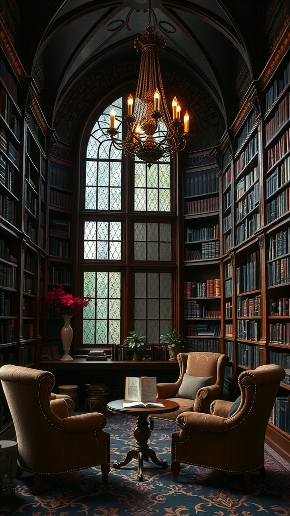 Gothic reading room with bookshelves, arched windows, a chandelier, and cozy armchairs