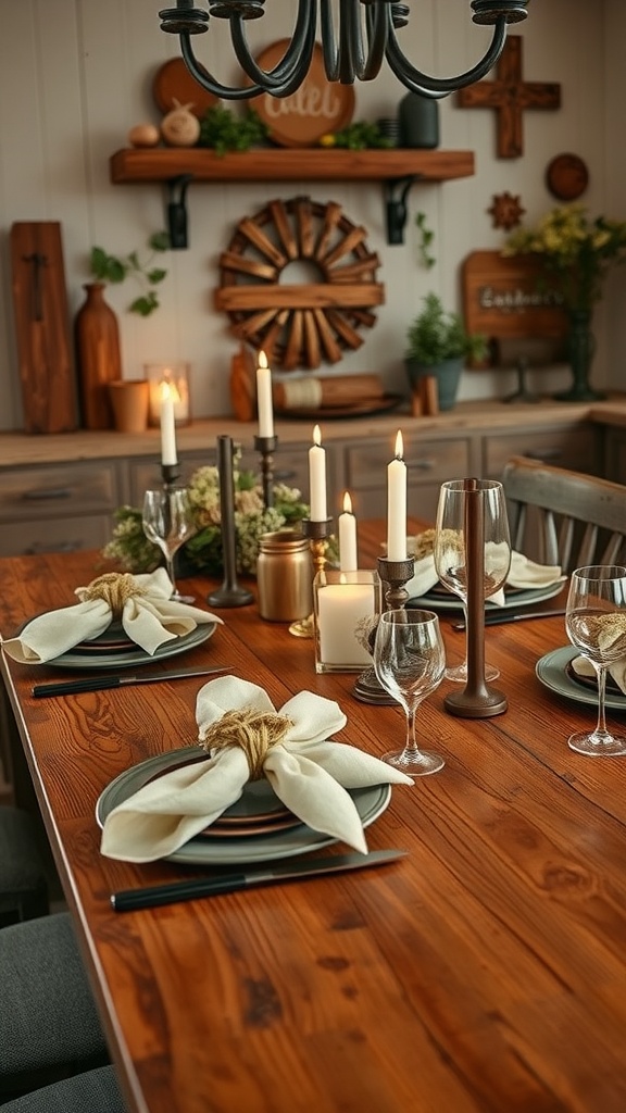 A rustic dining table with handcrafted napkin rings, plates, candles, and greenery in a farmhouse setting.