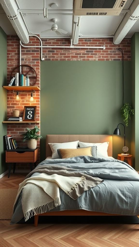 An industrial sage green bedroom featuring a brick wall and modern furnishings.