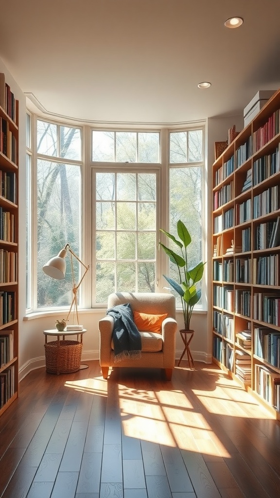 A cozy home library with large windows allowing natural light, featuring a comfortable chair and bookshelves.