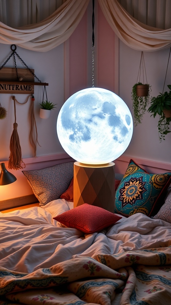 A cozy boho bedroom featuring a magical LED moon globe as the main light source, surrounded by colorful pillows and soft decor.