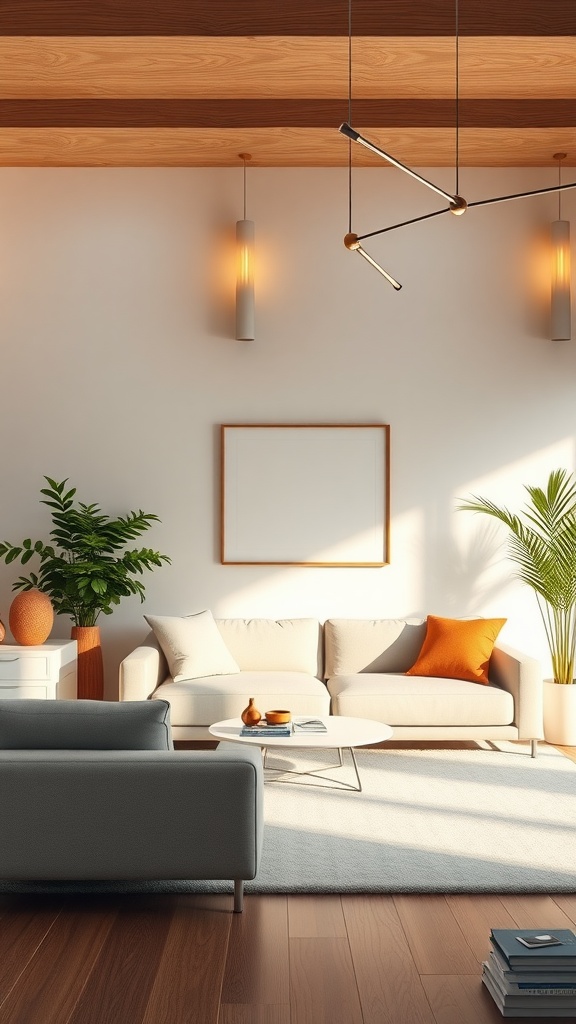 A minimalist living room with cozy lighting and modern decor.