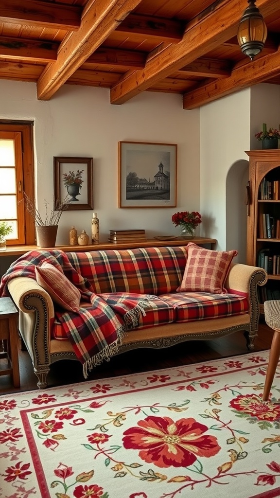 A cozy living room with a plaid couch, floral rug, wooden beams, and decorative accents.