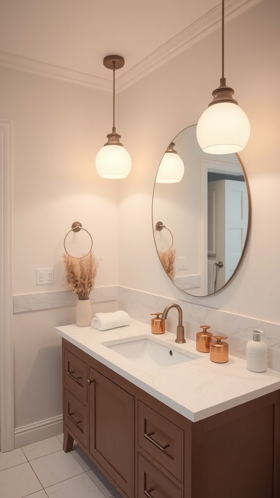 A modern bathroom with warm white pendant lights, a round mirror, and stylish fixtures.