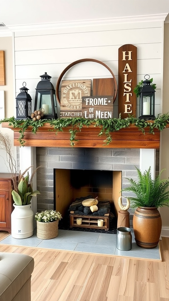 A rustic-style mantel decorated with lanterns, signs, and greenery, creating a cozy modern farmhouse living room.