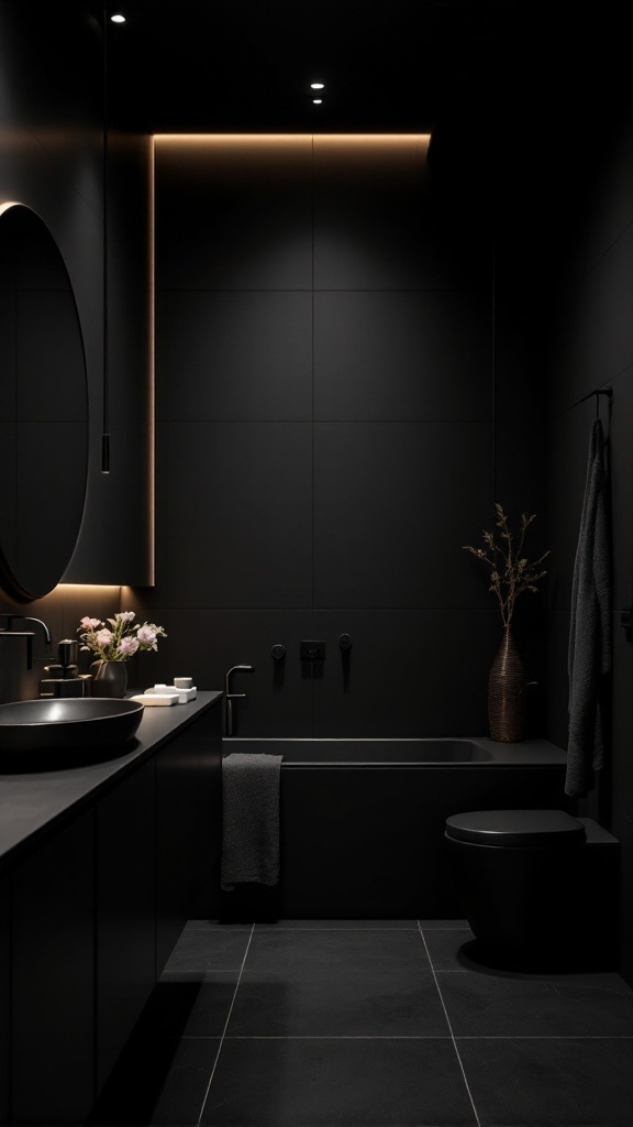 A modern all-black bathroom featuring a sink, toilet, and bathtub with ambient lighting.