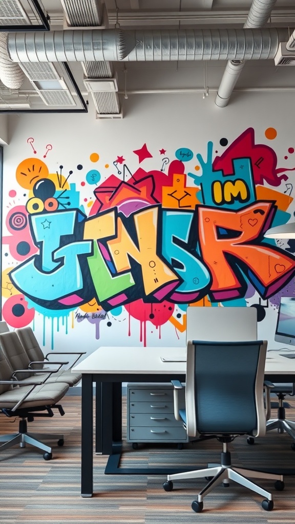 A vibrant artistic graffiti mural in an office setting