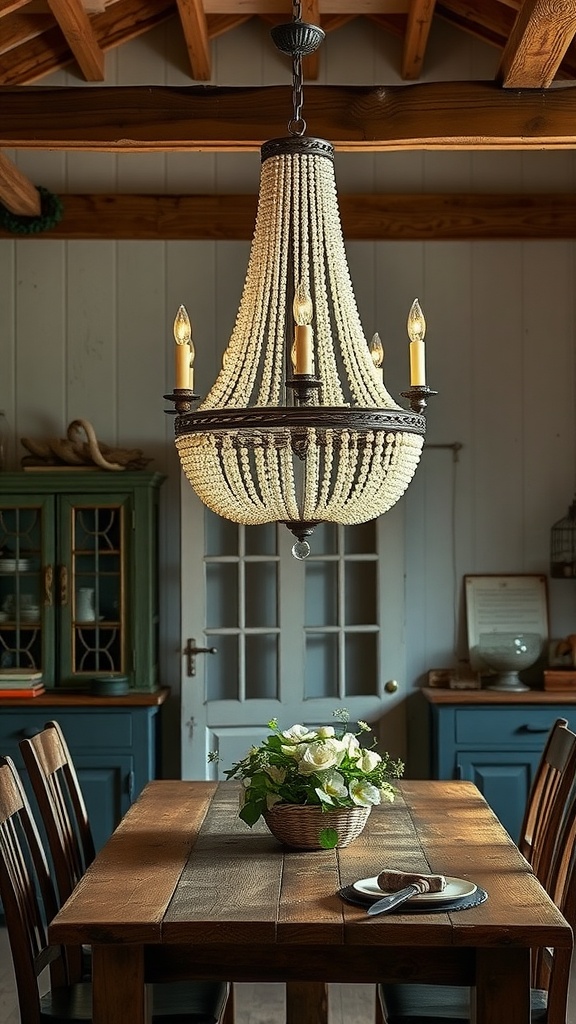 A stylish beaded chandelier hanging over a wooden dining table with floral centerpiece in a farmhouse dining room.