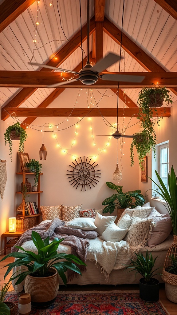 Cozy boho loft with fairy lights and lush plants