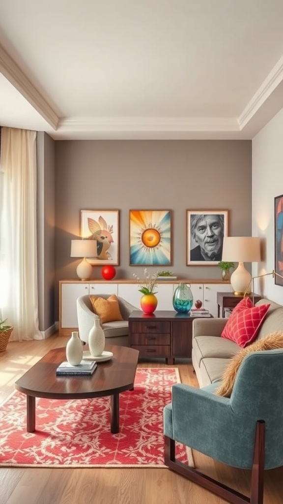 Cozy living room and dining room combo featuring a mix of modern furniture, vibrant art, and warm colors.