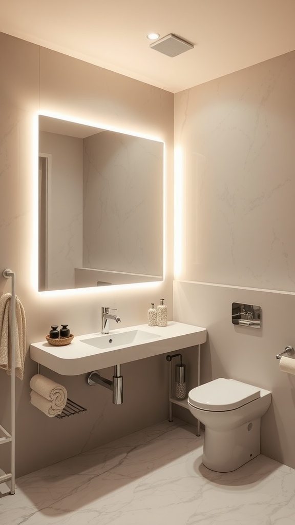 A modern bathroom with edge lighting around a mirror, showcasing a minimalist design.