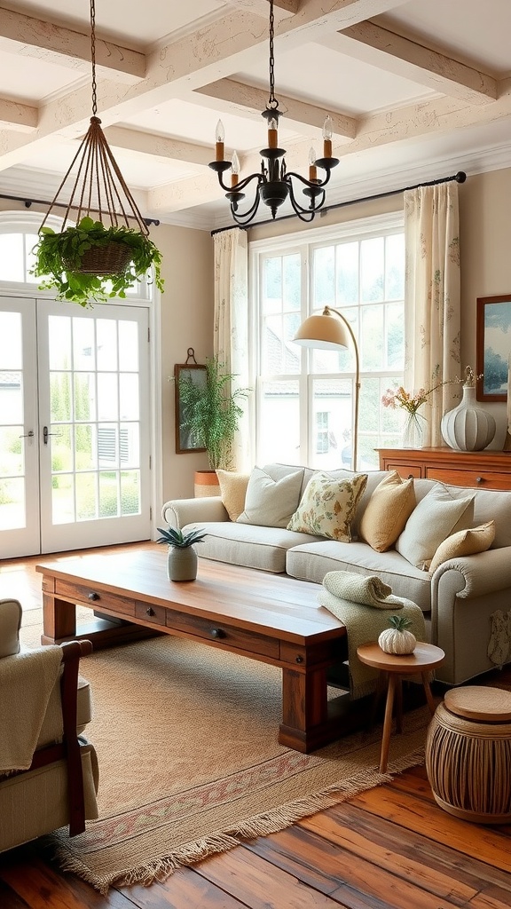 A cozy rustic farmhouse living room featuring a wooden coffee table, cream sofa with floral pillows, and large windows