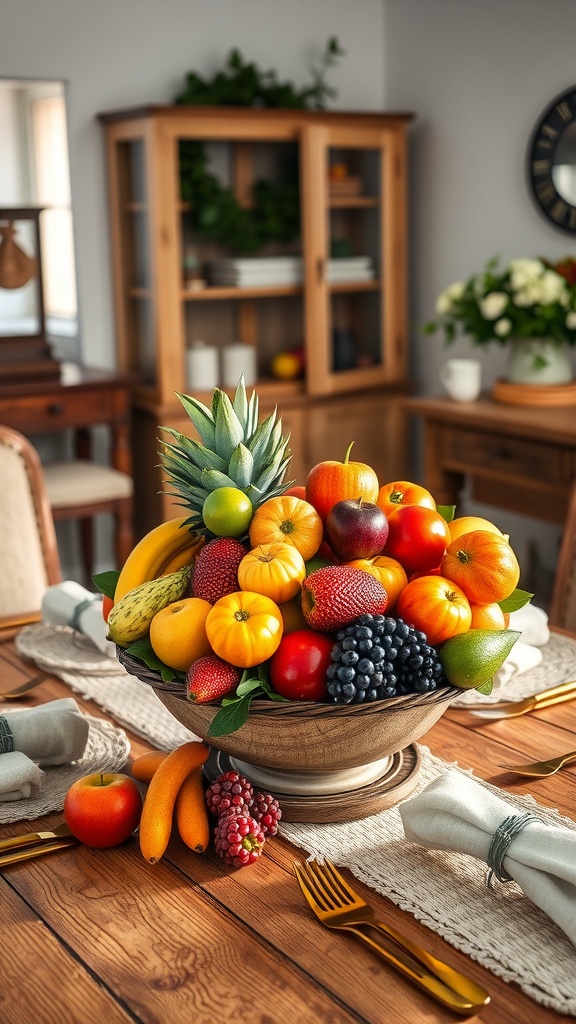 A beautifully arranged fruit bowl filled with a variety of fruits, set on a dining table with rustic decor.