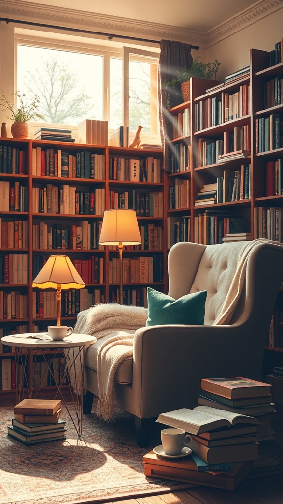 A cozy home library nook with bookshelves, a comfortable chair, and warm lighting.