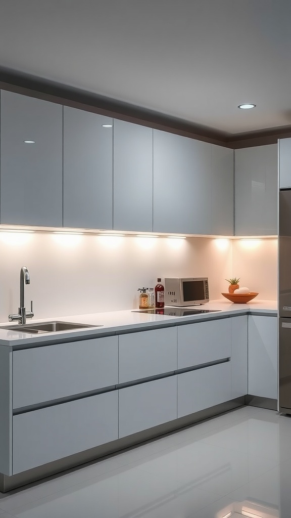 A modern kitchen featuring minimalist integrated LED lighting with sleek cabinets and a clean design.