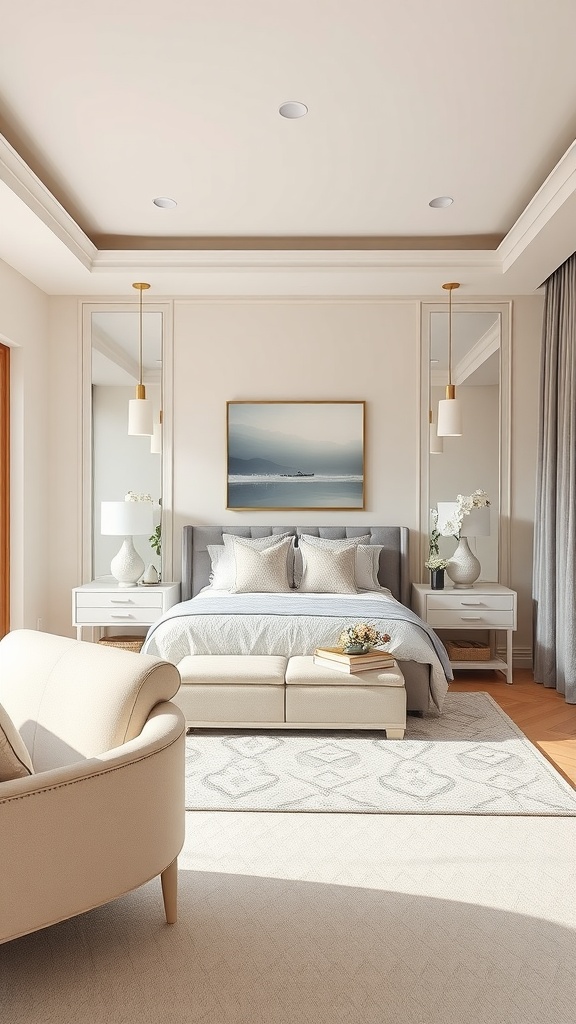 A serene master suite featuring neutral tones, soft bedding, and elegant decor.