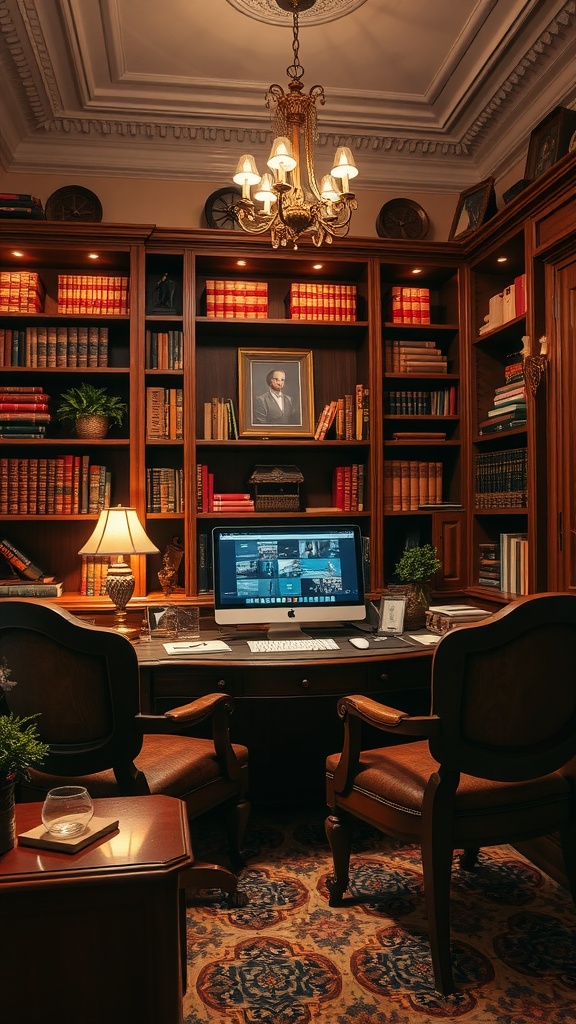 An elegant office space with wooden bookshelves, a chandelier, and a modern computer.
