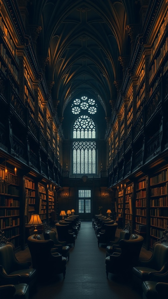 A gothic-style library with tall ceilings, dark wooden shelves filled with books, and cozy seating areas lit by warm lamps.