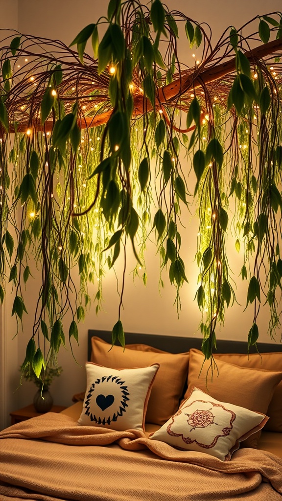 A cozy bedroom featuring a canopy of lights resembling a willow tree, complemented by soft bedding and decorative pillows.