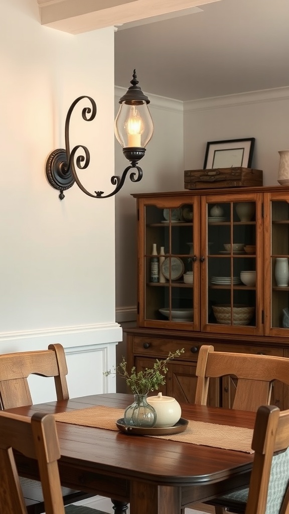 An elegant antique wall sconce illuminating a farmhouse dining room with wooden furniture.