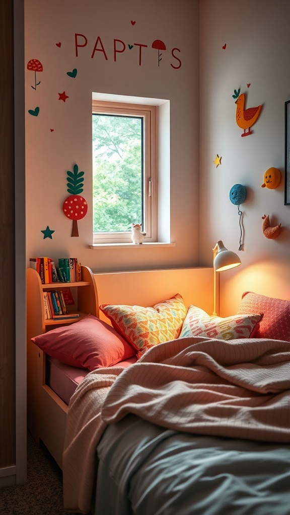 Cozy bedside reading nook with a bed, cushions, and bookshelf.