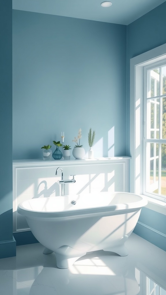 A serene bathroom with blue walls, a white bathtub, and natural light streaming through a window.