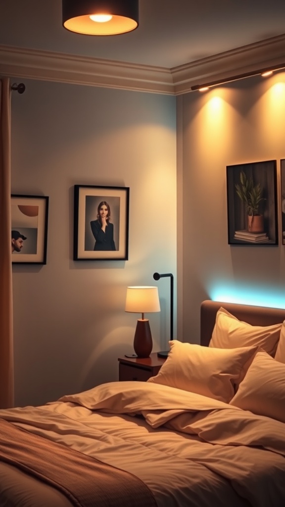 A cozy bedroom with corner LED lighting and artwork on the walls.