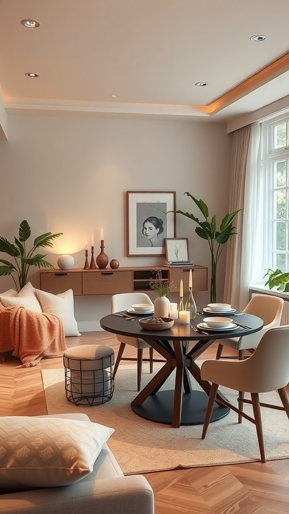 Cozy living room-dining room combo featuring a round dining table, soft couch with throw, and plants.