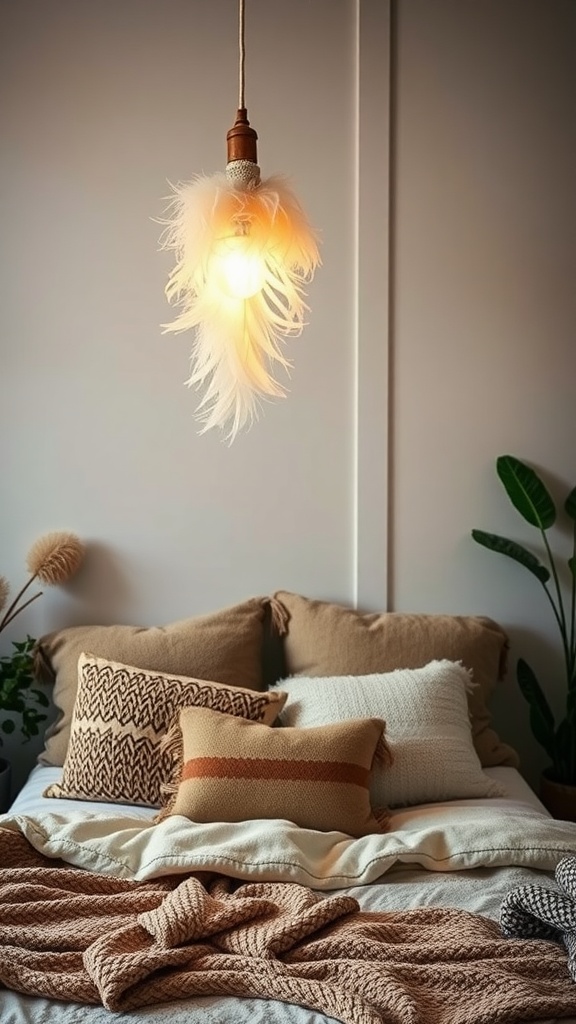 A boho bedroom featuring a feather pendant light above a bed with decorative pillows and a cozy blanket.