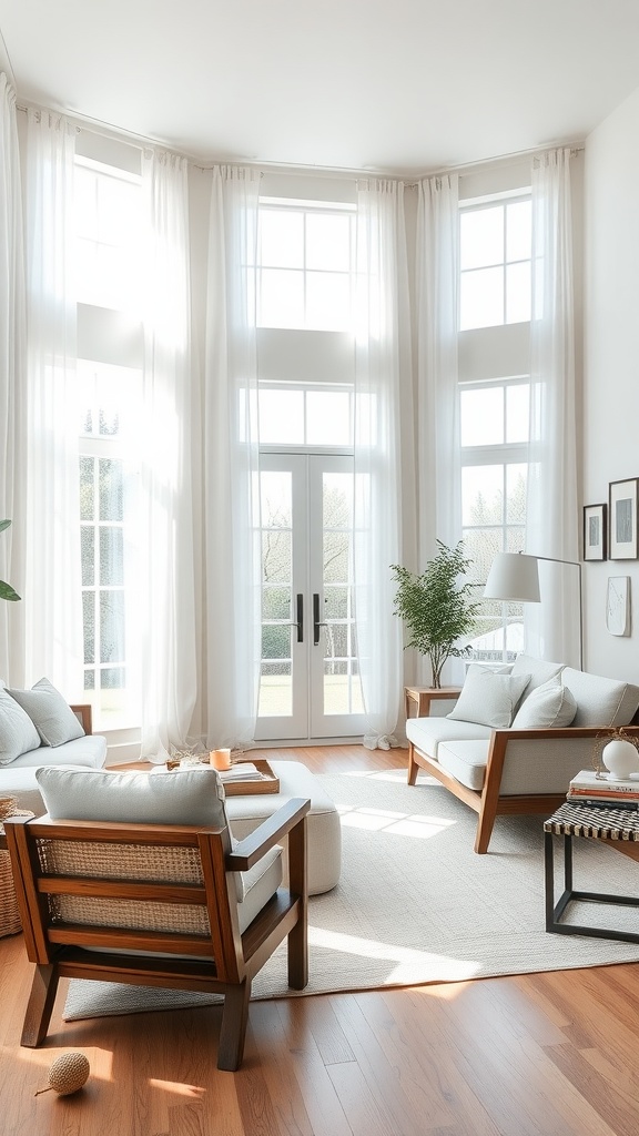 A bright modern farmhouse living room with white linen curtains, wooden furniture, and a cozy feel.