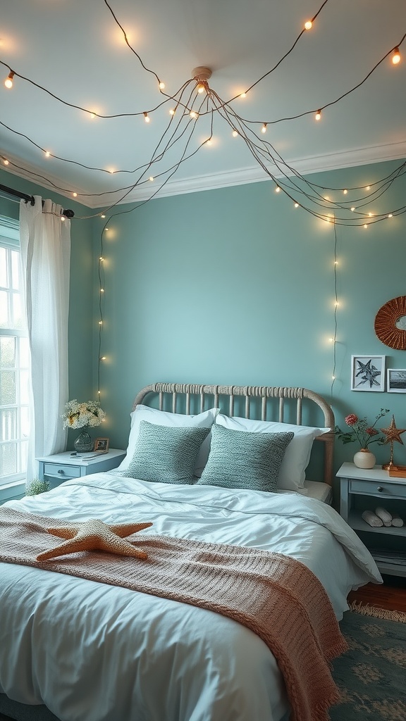 A cozy bedroom with oceanic vibes, featuring blue walls, fairy lights, and beach-themed decor.