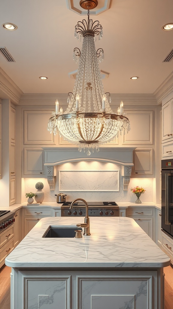 A luxurious glass chandelier hanging over a marble kitchen island