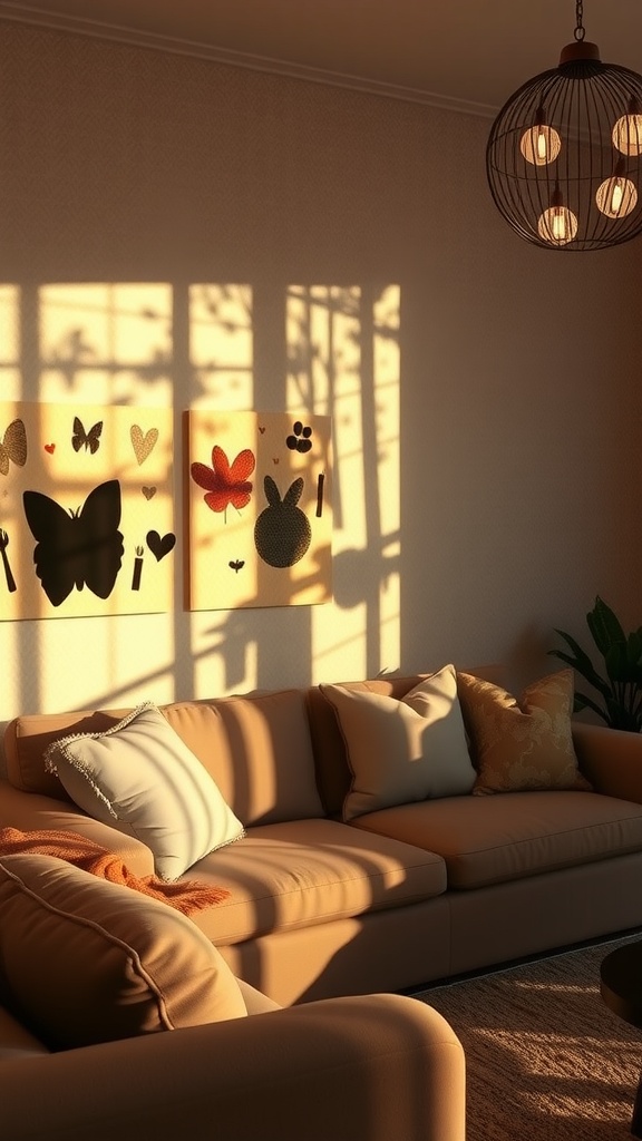 A cozy living room with playful light patterns on the wall, featuring a sofa and decorative pillows.