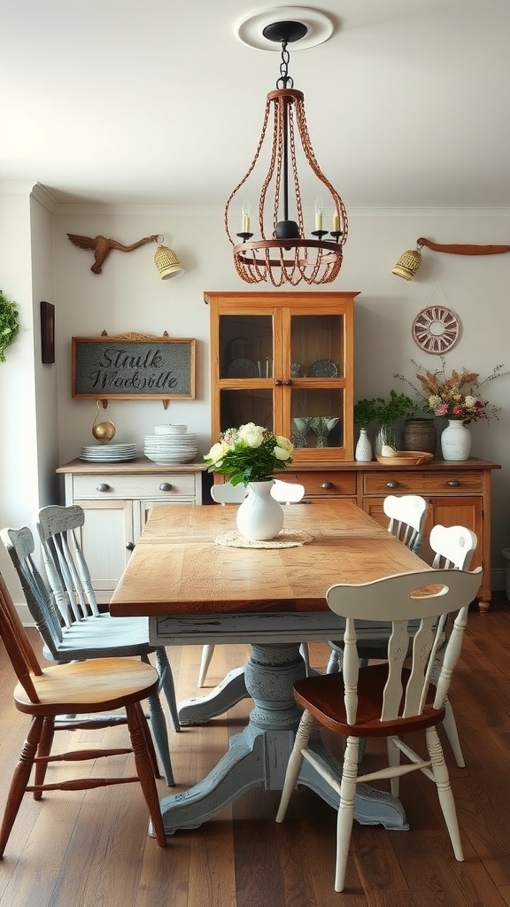 A cozy Cottagecore dining room featuring a rustic wooden table surrounded by mismatched chairs, a hutch displaying dishware, and a chandelier.