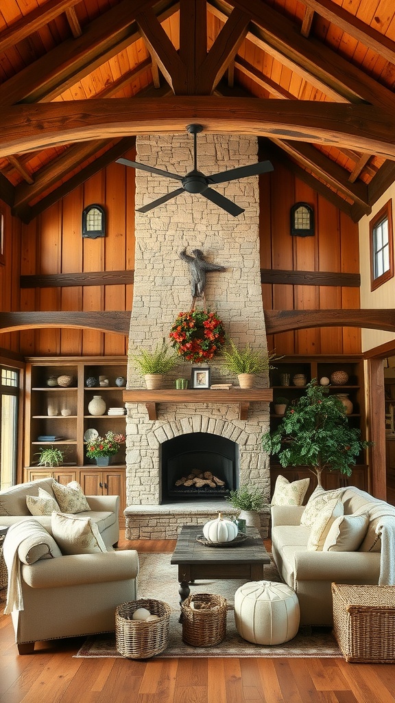 Cozy rustic farmhouse living room with a stone fireplace and wooden beams