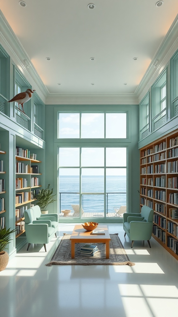 A serene seafoam colored library with ocean views, featuring cozy chairs and bookshelves.