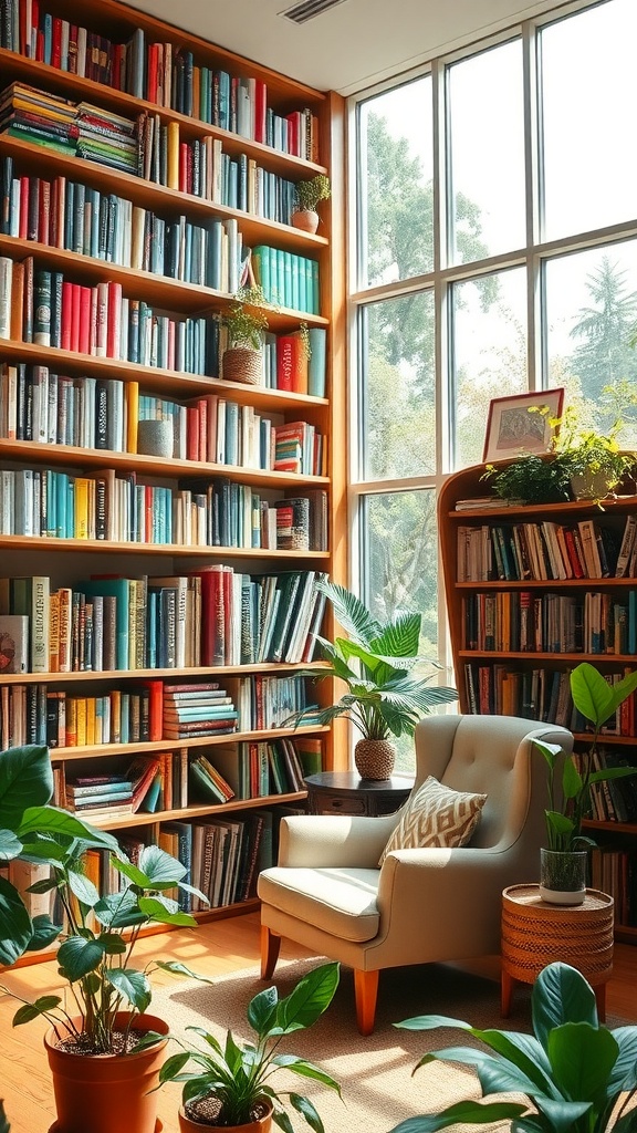 A bright home library filled with colorful books and plants, featuring a comfortable chair.