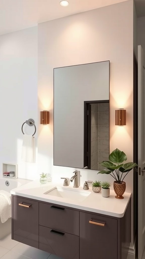 Modern bathroom with symmetrical wall sconces, a mirror, and potted plants