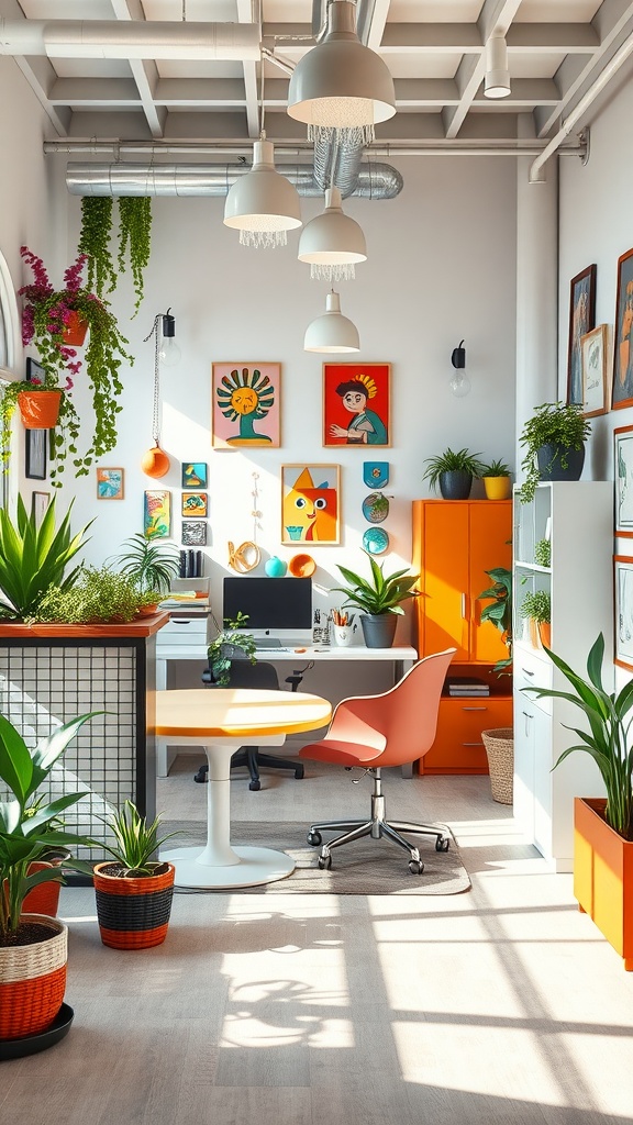 A bright and colorful office space featuring plants, unique artwork, and modern furniture, creating a whimsical atmosphere.