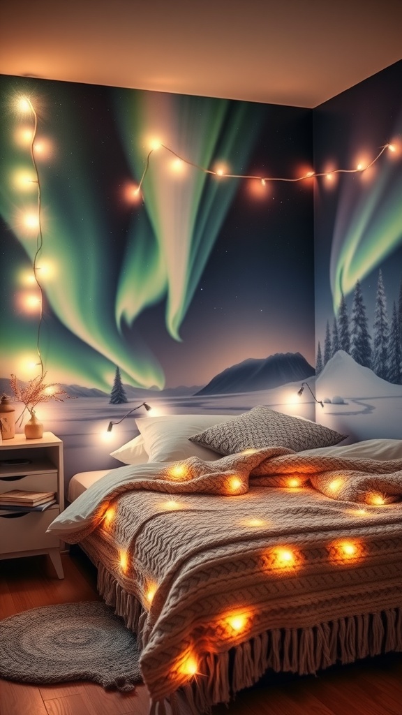 A cozy bedroom featuring an Arctic Aurora mural, fairy lights, and a knitted blanket.