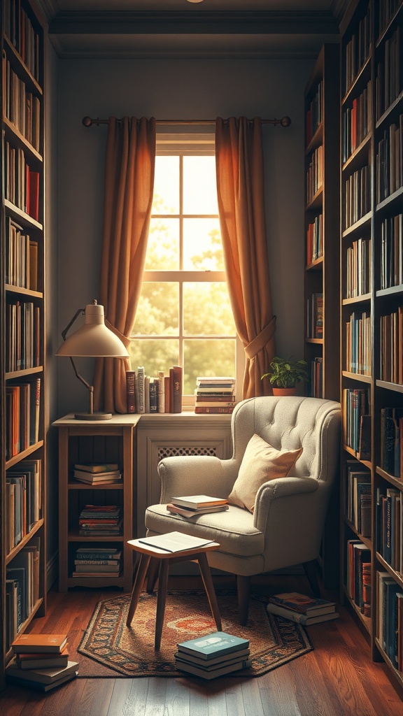 Cozy library nook with an armchair, side table, and bookshelves filled with books.