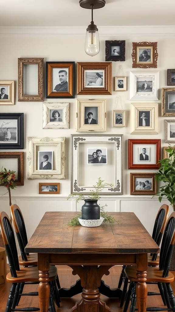 A cozy dining room with distressed picture frames on the wall, showcasing black and white photos, a rustic wooden table, and greenery in the center.