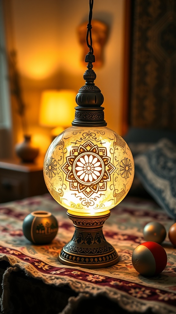 A beautifully designed Gypsy Crystal Ball lamp casting a warm light in a cozy bedroom setting.