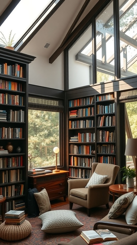 A cozy home library featuring dark wood bookshelves and large windows that provide natural light.