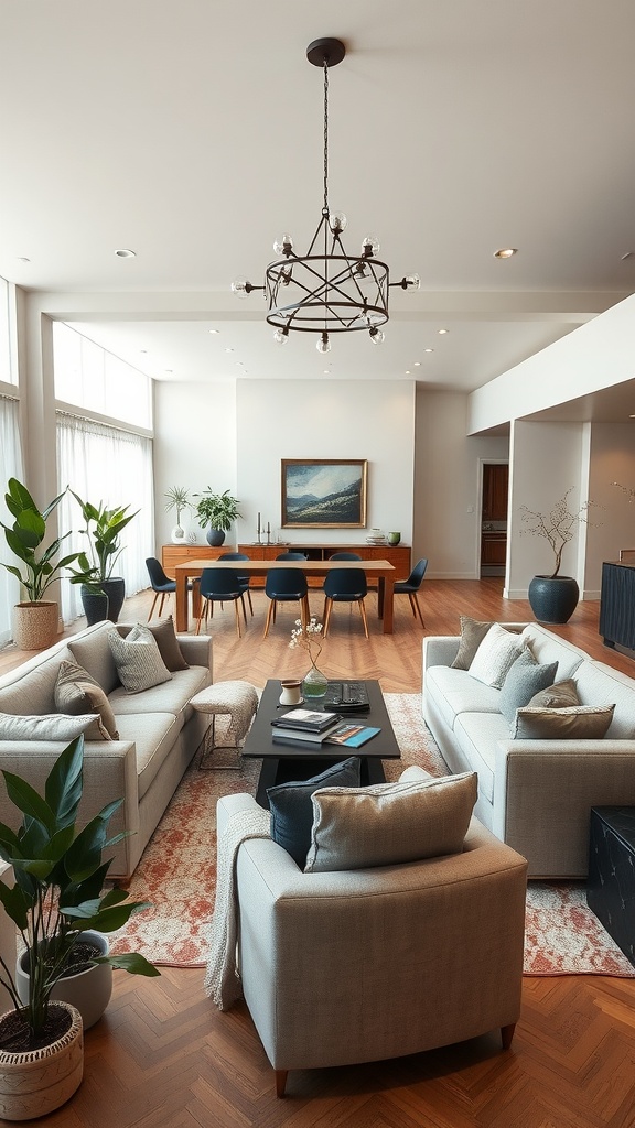 A spacious living room-dining room combo featuring large sofas, a coffee table, and a dining table with chairs.